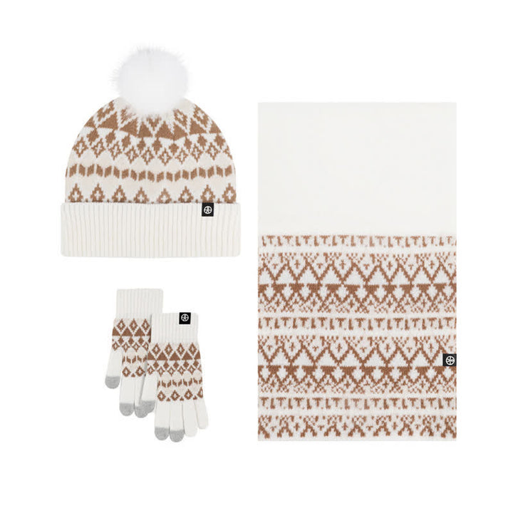 3Pcs Unisex Comfort Diamond Pattern Knitted Hat Scarf Gloves Set