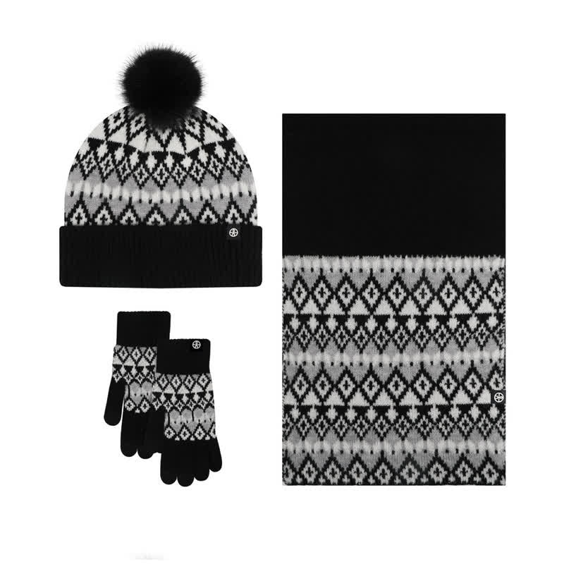 3Pcs Unisex Comfort Diamond Pattern Knitted Hat Scarf Gloves Set