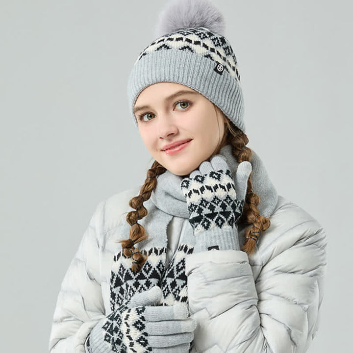 3Pcs Unisex Comfort Diamond Pattern Knitted Hat Scarf Gloves Set