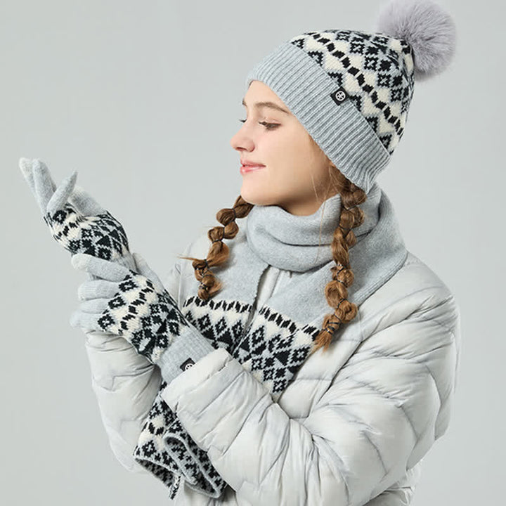 3Pcs Unisex Comfort Diamond Pattern Knitted Hat Scarf Gloves Set