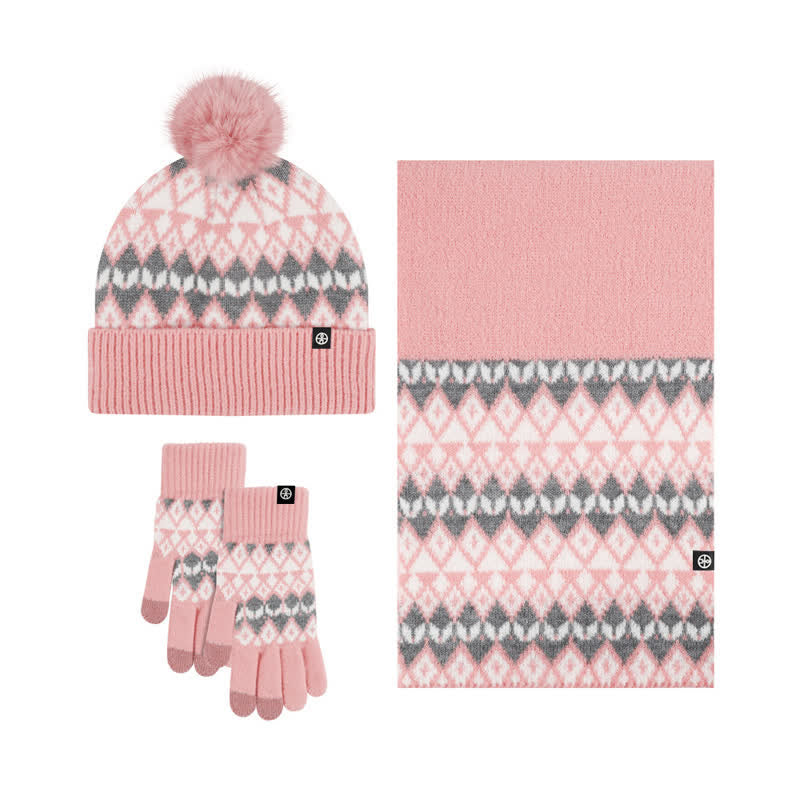 3Pcs Unisex Comfort Diamond Pattern Knitted Hat Scarf Gloves Set