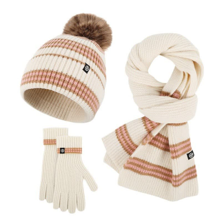 3Pcs Unisex Striped Pattern Fur Ball Knitted Hat Scarf Gloves Set