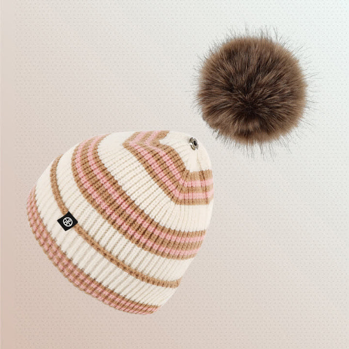 3Pcs Unisex Striped Pattern Fur Ball Knitted Hat Scarf Gloves Set