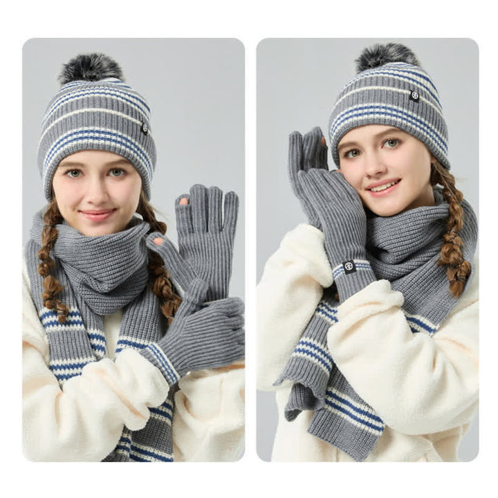 3Pcs Unisex Striped Pattern Fur Ball Knitted Hat Scarf Gloves Set