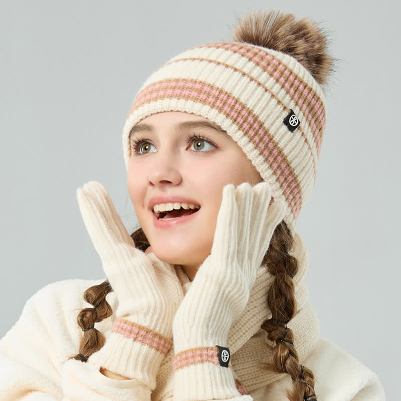 3Pcs Unisex Striped Pattern Fur Ball Knitted Hat Scarf Gloves Set