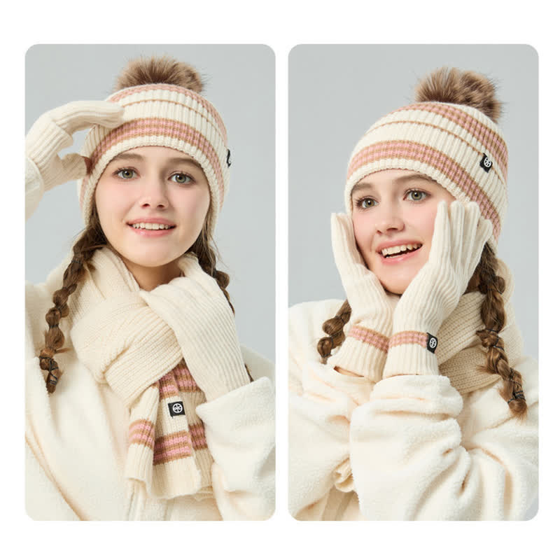 3Pcs Unisex Striped Pattern Fur Ball Knitted Hat Scarf Gloves Set