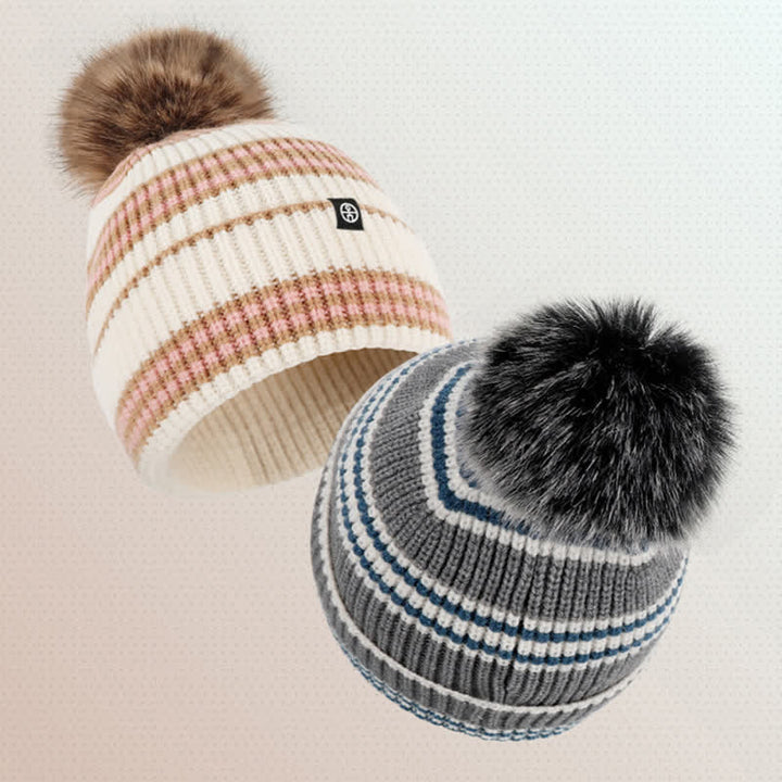 3Pcs Unisex Striped Pattern Fur Ball Knitted Hat Scarf Gloves Set