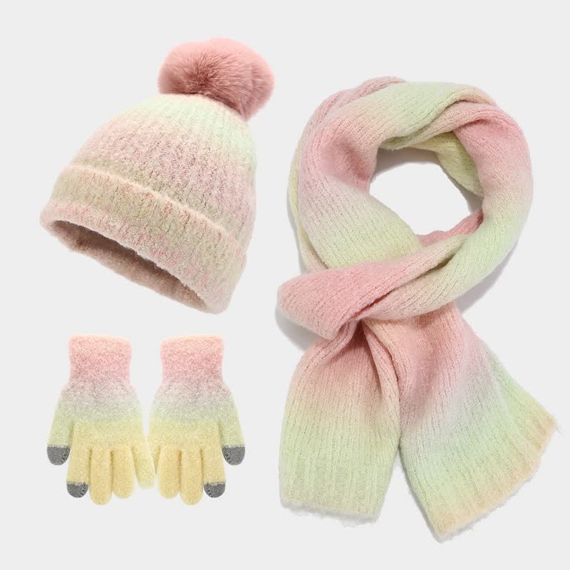 3Pcs Unisex Colorful Tie-Dyed Fur Ball Knitted Hat Scarf Gloves Set