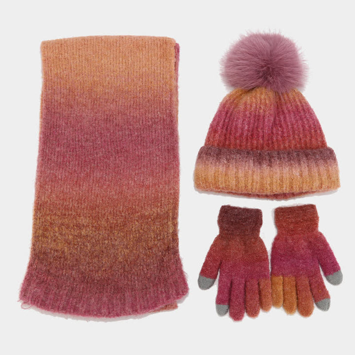 3Pcs Unisex Colorful Tie-Dyed Fur Ball Knitted Hat Scarf Gloves Set