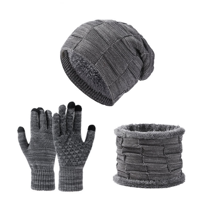 3Pcs Unisex Two-Tone Square Knitted Hat Neck Gaiter Gloves Set