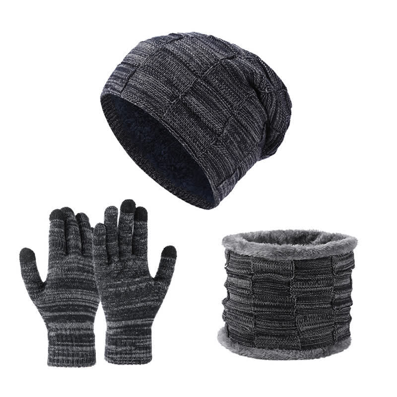 3Pcs Unisex Two-Tone Square Knitted Hat Neck Gaiter Gloves Set