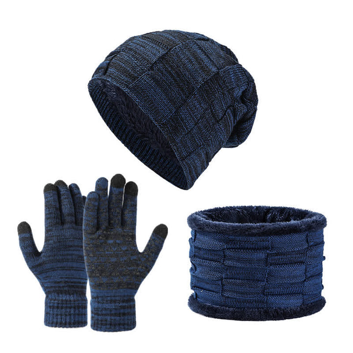 3Pcs Unisex Two-Tone Square Knitted Hat Neck Gaiter Gloves Set