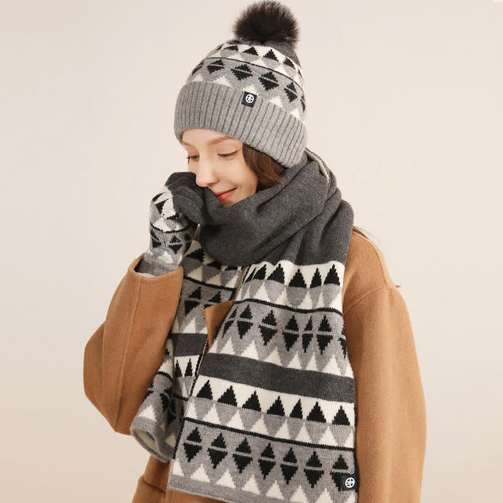 3Pcs Unisex Triangle Pattern Fur Pom Knitted Hat Scarf Gloves Set