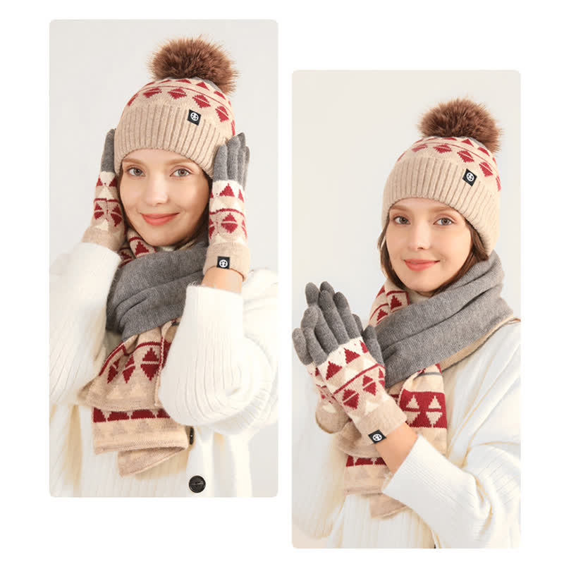 3Pcs Unisex Triangle Pattern Fur Pom Knitted Hat Scarf Gloves Set