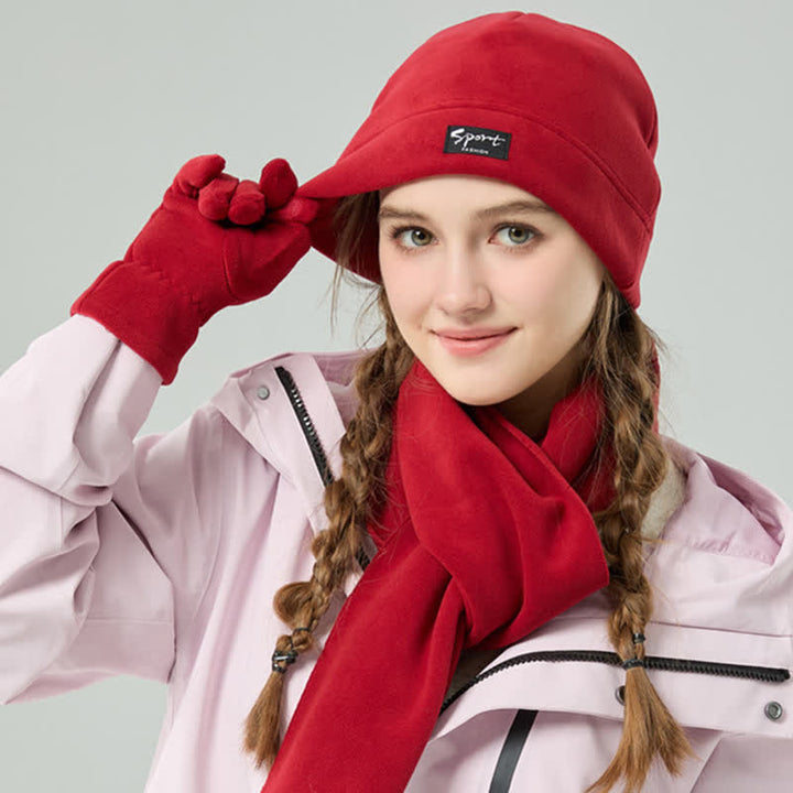 3Pcs Unisex Solid Color Polar Fleece Hat Scarf Gloves Set