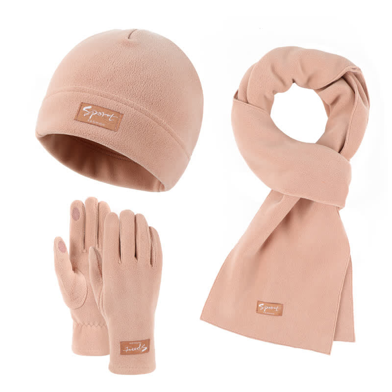 3Pcs Unisex Solid Color Polar Fleece Hat Scarf Gloves Set