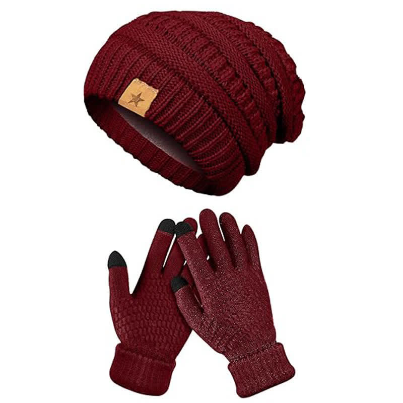 2Pcs Unisex Simple Solid Color Knitted Hat Scarf Gloves Set