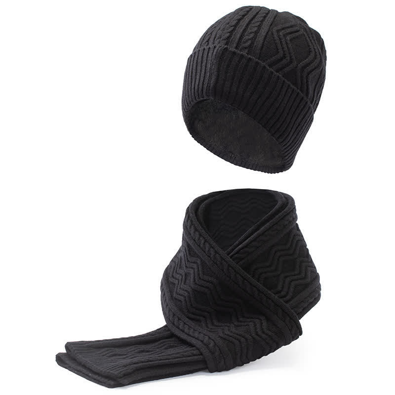 2Pcs Unisex Jacquard Solid Color Knitted Hat Scarf Gloves Set