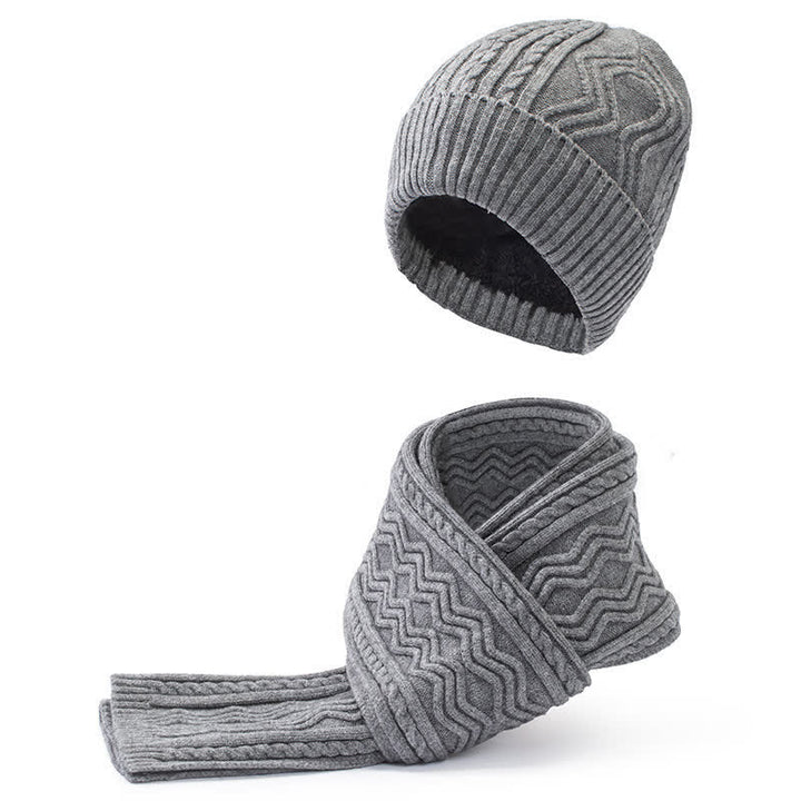 2Pcs Unisex Jacquard Solid Color Knitted Hat Scarf Gloves Set