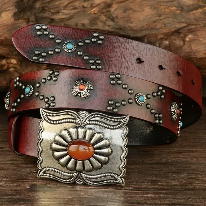 Colorful Gems Stone-Decorated Western Rivets Leather Belt