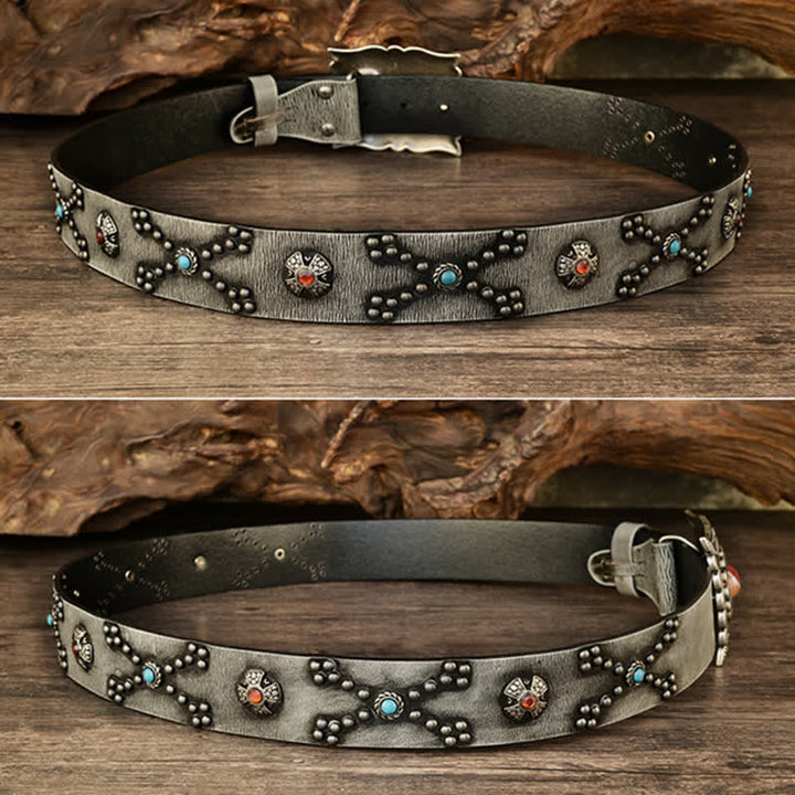 Colorful Gems Stone-Decorated Western Rivets Leather Belt