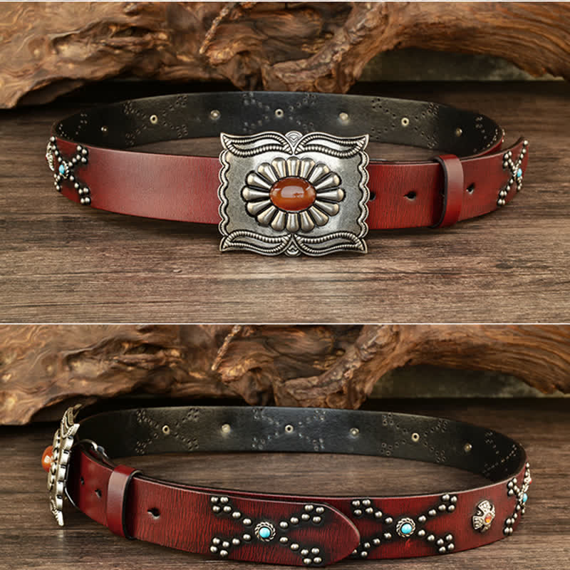 Colorful Gems Stone-Decorated Western Rivets Leather Belt