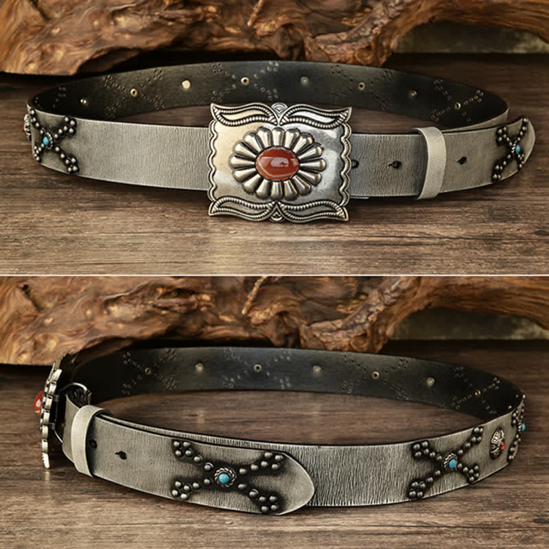 Colorful Gems Stone-Decorated Western Rivets Leather Belt