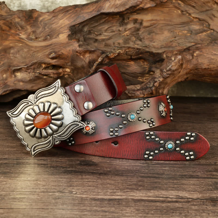 Colorful Gems Stone-Decorated Western Rivets Leather Belt