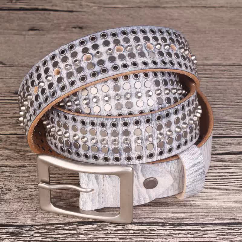 Rock Five Row Silver Studded Rivets Leather Belt