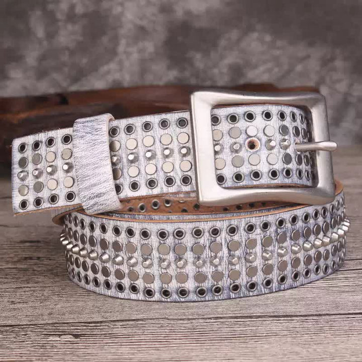 Rock Five Row Silver Studded Rivets Leather Belt