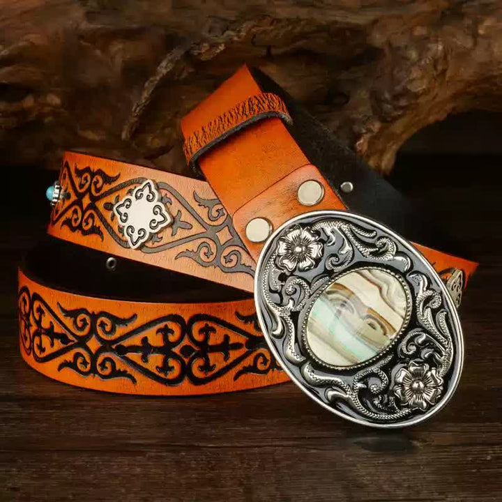 Ethnic Look Orange Embossed Pattern Leather Belt