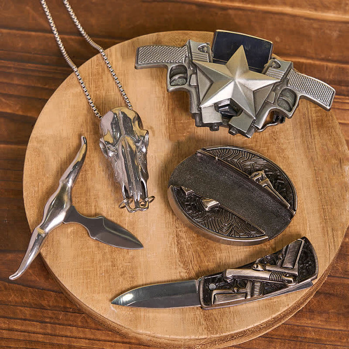 DIY Guns Hidden Knife Belt Buckle Bull Ring Pendant Kerosene Lighter Bundle Set - image 2