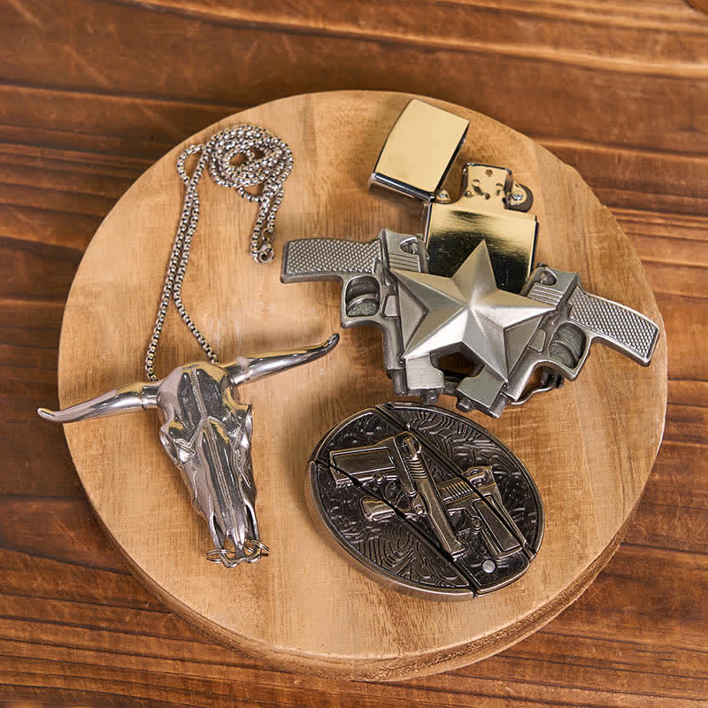 DIY Guns Hidden Knife Belt Buckle Bull Ring Pendant Kerosene Lighter Bundle Set - image 3