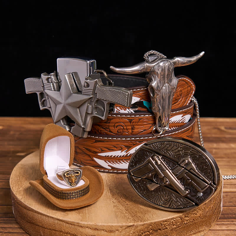 DIY Guns Hidden Knife Belt Buckle Bull Ring Pendant Kerosene Lighter Bundle Set - Dual Guns - Brown Feather Belt - 40 - image 0