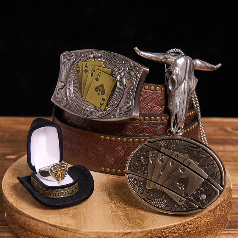 DIY Poker Hidden Knife Belt Buckle Bull Ring Longhorn Pendant Bundle Set - Poker - Brown Rivet Belt - 42 - image 6