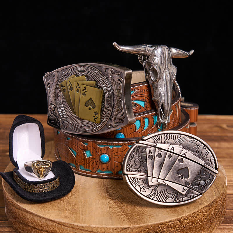 DIY Poker Hidden Knife Belt Buckle Bull Ring Longhorn Pendant Bundle Set - Poker - Turquoise Carved Belt - 42 - image 5