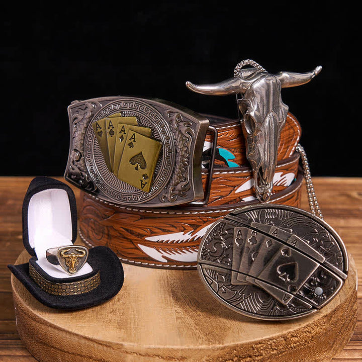 DIY Poker Hidden Knife Belt Buckle Bull Ring Longhorn Pendant Bundle Set - Poker - Brown Feather Belt - 40 - image 9