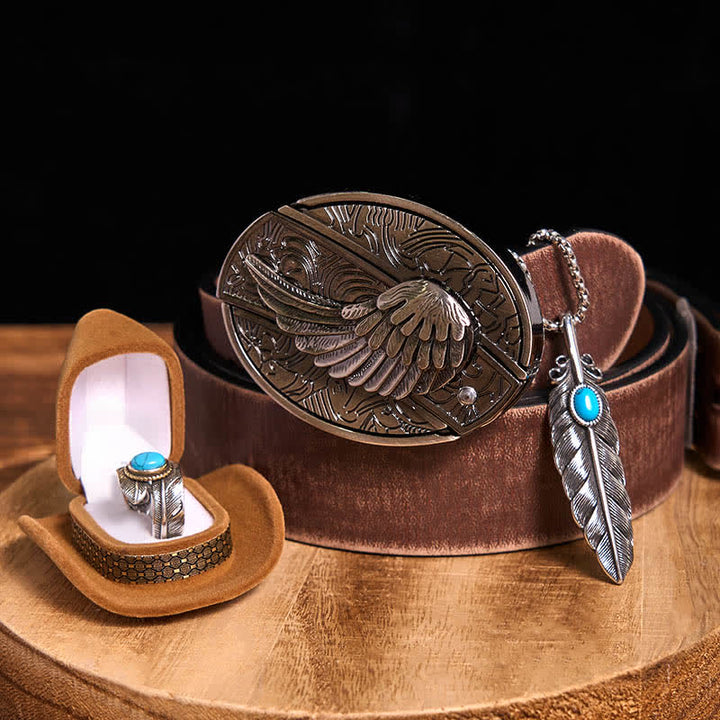Angle Wing DIY Hidden Knife Belt Buckle Turquoise Feather Necklace Ring Bundle Set - Wings - Brown Distressed Belt - 42 - image 13