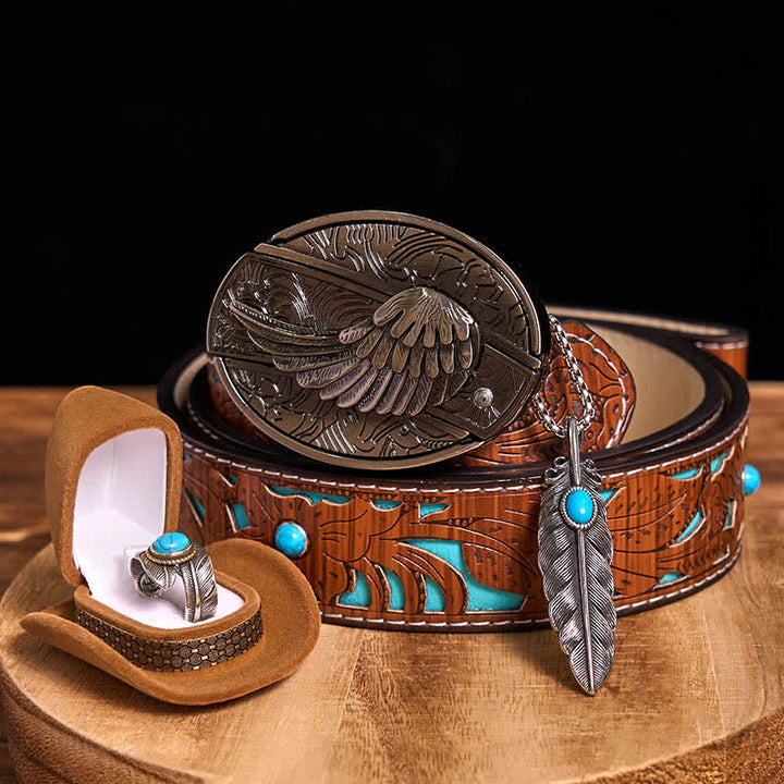 Angle Wing DIY Hidden Knife Belt Buckle Turquoise Feather Necklace Ring Bundle Set - Wings - Turquoise Carved Belt - 42 - image 11