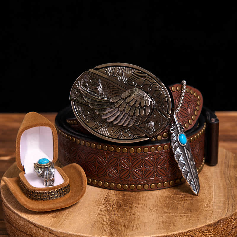 Angle Wing DIY Hidden Knife Belt Buckle Turquoise Feather Necklace Ring Bundle Set - Wings - Brown Rivet Belt - 42 - image 12