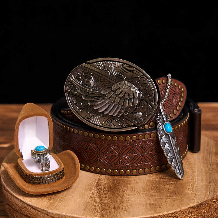 Angle Wing DIY Hidden Knife Belt Buckle Turquoise Feather Necklace Ring Bundle Set - Wings - Brown Rivet Belt - 42 - image 12