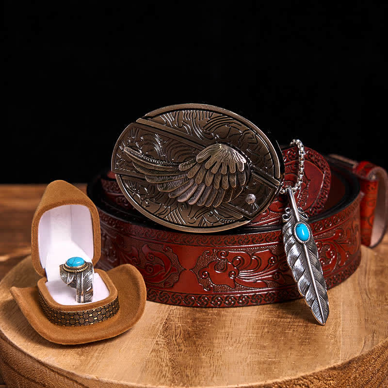 Angle Wing DIY Hidden Knife Belt Buckle Turquoise Feather Necklace Ring Bundle Set - Wings - Brown Carved Belt - 42 - image 14