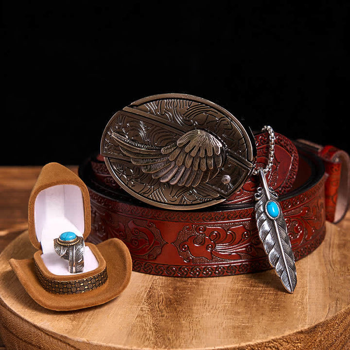 Angle Wing DIY Hidden Knife Belt Buckle Turquoise Feather Necklace Ring Bundle Set - Wings - Brown Carved Belt - 42 - image 14