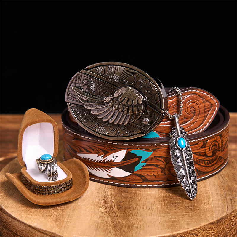 Angle Wing DIY Hidden Knife Belt Buckle Turquoise Feather Necklace Ring Bundle Set (PRE-SALE) - Wings - Brown Feather Belt - 40 - image 0
