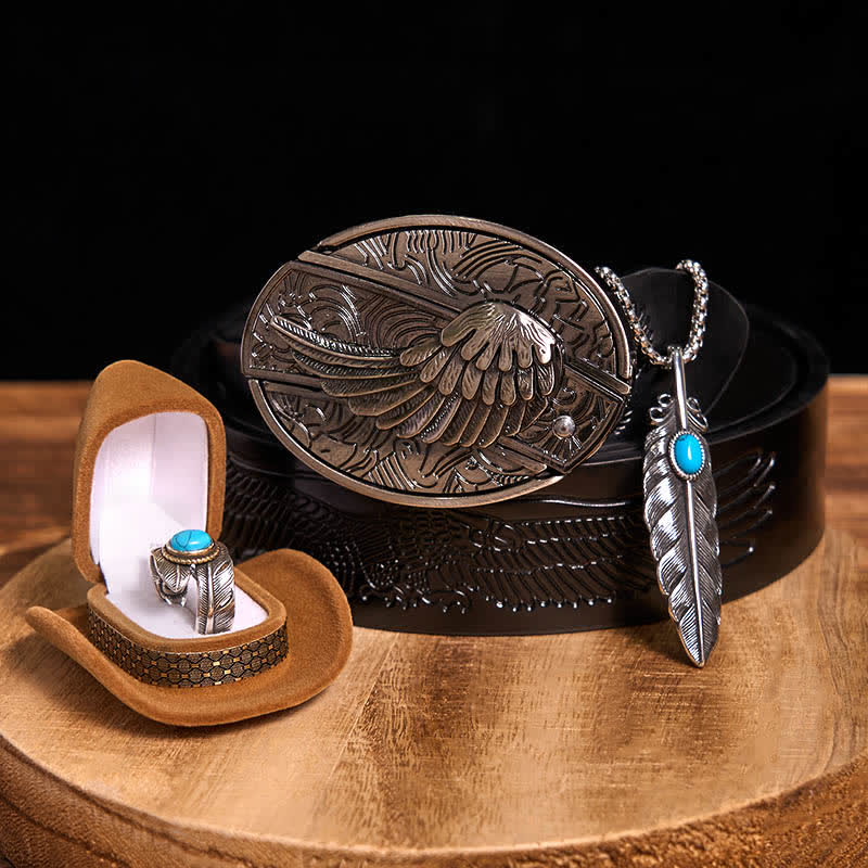Angle Wing DIY Hidden Knife Belt Buckle Turquoise Feather Necklace Ring Bundle Set - Wings - Black Embossed Eagle Belt - 42 - image 10