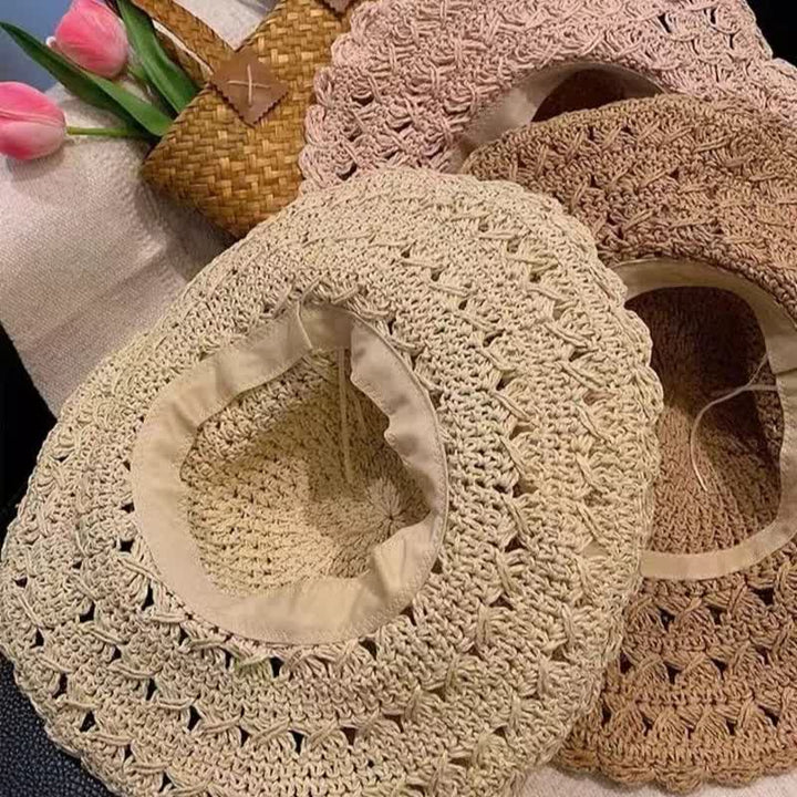 Elegant Flower Detailed Summer Crochet Foldable Straw Hat