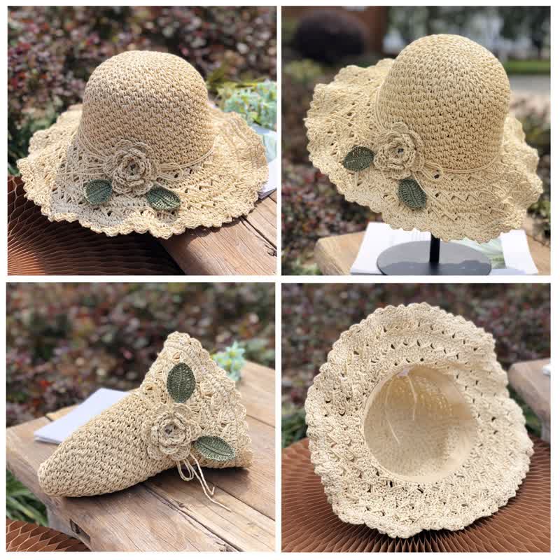 Elegant Flower Detailed Summer Crochet Foldable Straw Hat