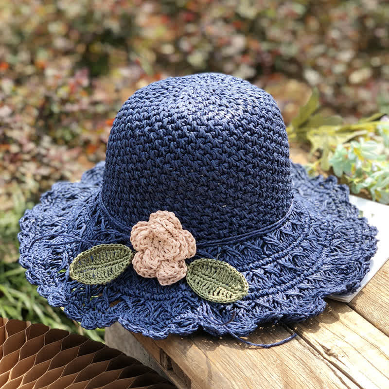 Elegant Flower Detailed Summer Crochet Foldable Straw Hat