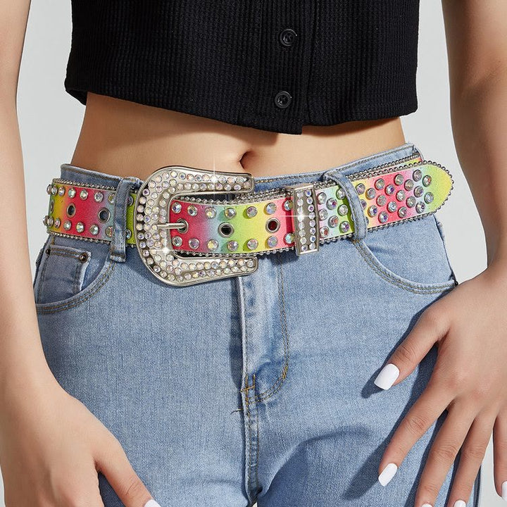 Women's Colorful Rainbow Rhinestone Leather Belt