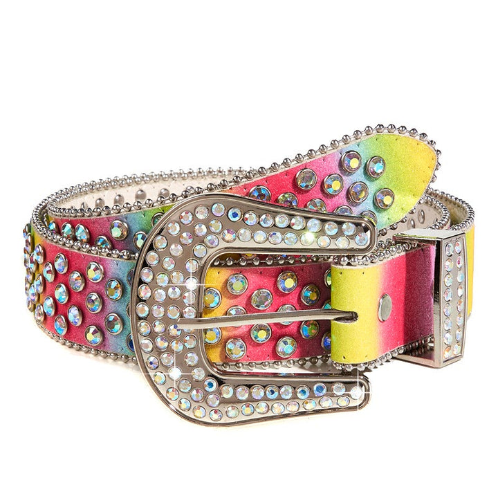 Women's Colorful Rainbow Rhinestone Leather Belt